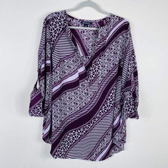 Roaman's Plus Size 18 Printed Roll Tab Sleeve Blouse Top Purple White - Picture 1 of 4